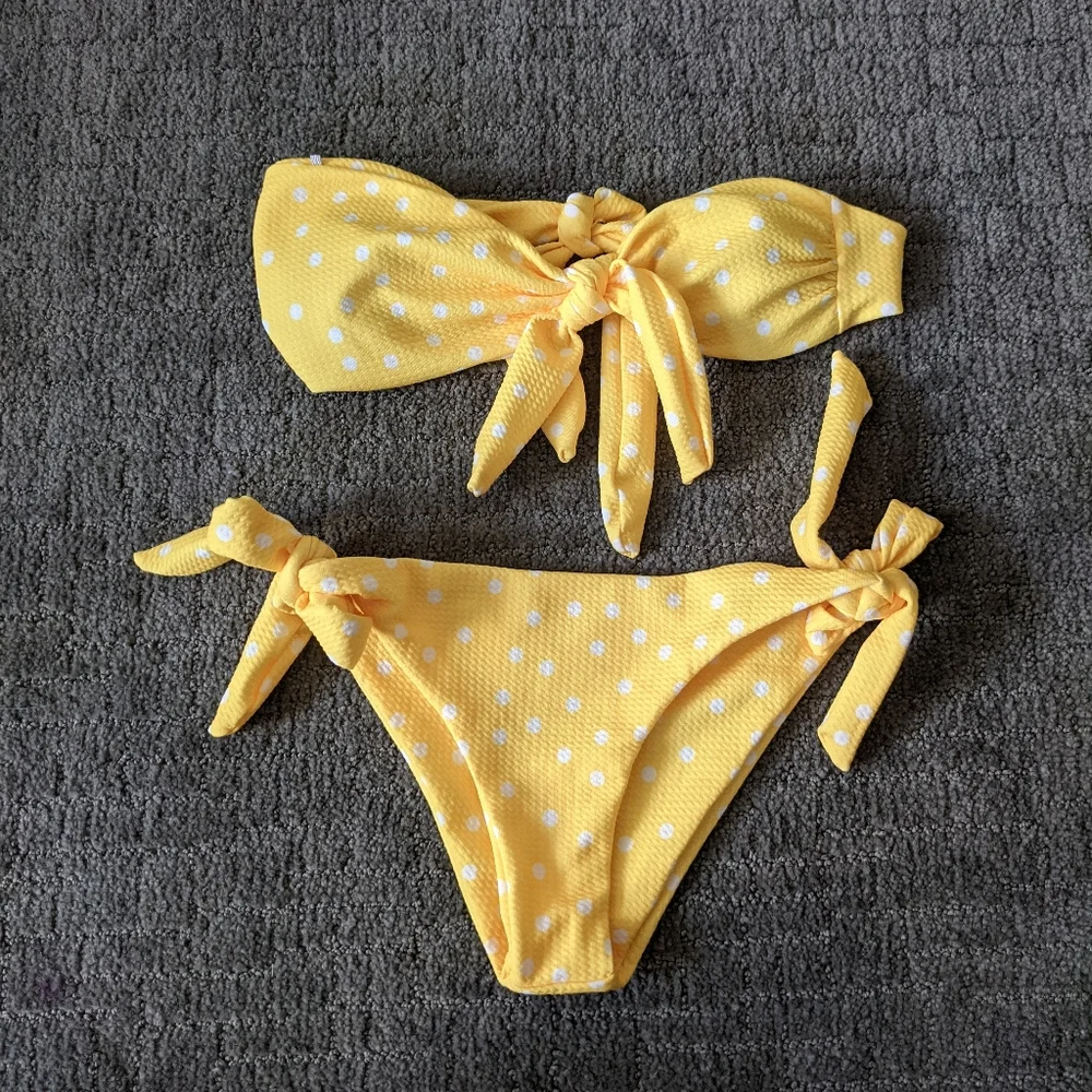Yellow Polka Dot Tie-Front Bikini Top & Bottom Set - Women Swim - Picture 2 of 4